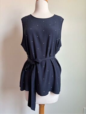 Vince Camuto Navy Sleeveless Polka Dot Tie-Waist Tank M